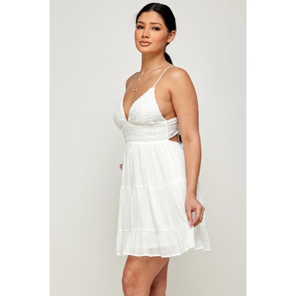 SOLD OUT White Eyelet Embroidered Back Knot Sleeveless V-Neck Mini Dress Summer - Picture 5 of 7